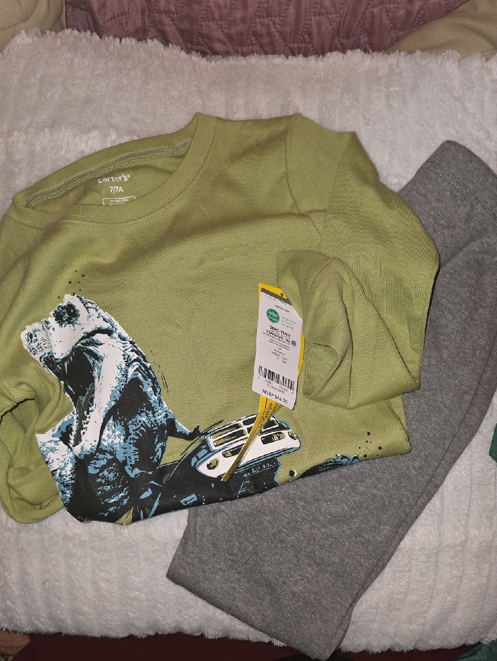 Carter's Olive Green Dino & Car Long-Sleeve Pajama Top with Gray Pants